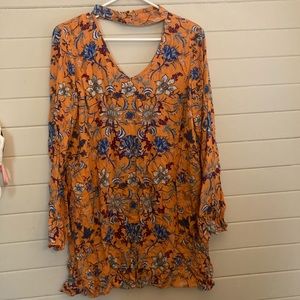 Orange floral lantern sleeve mini dress